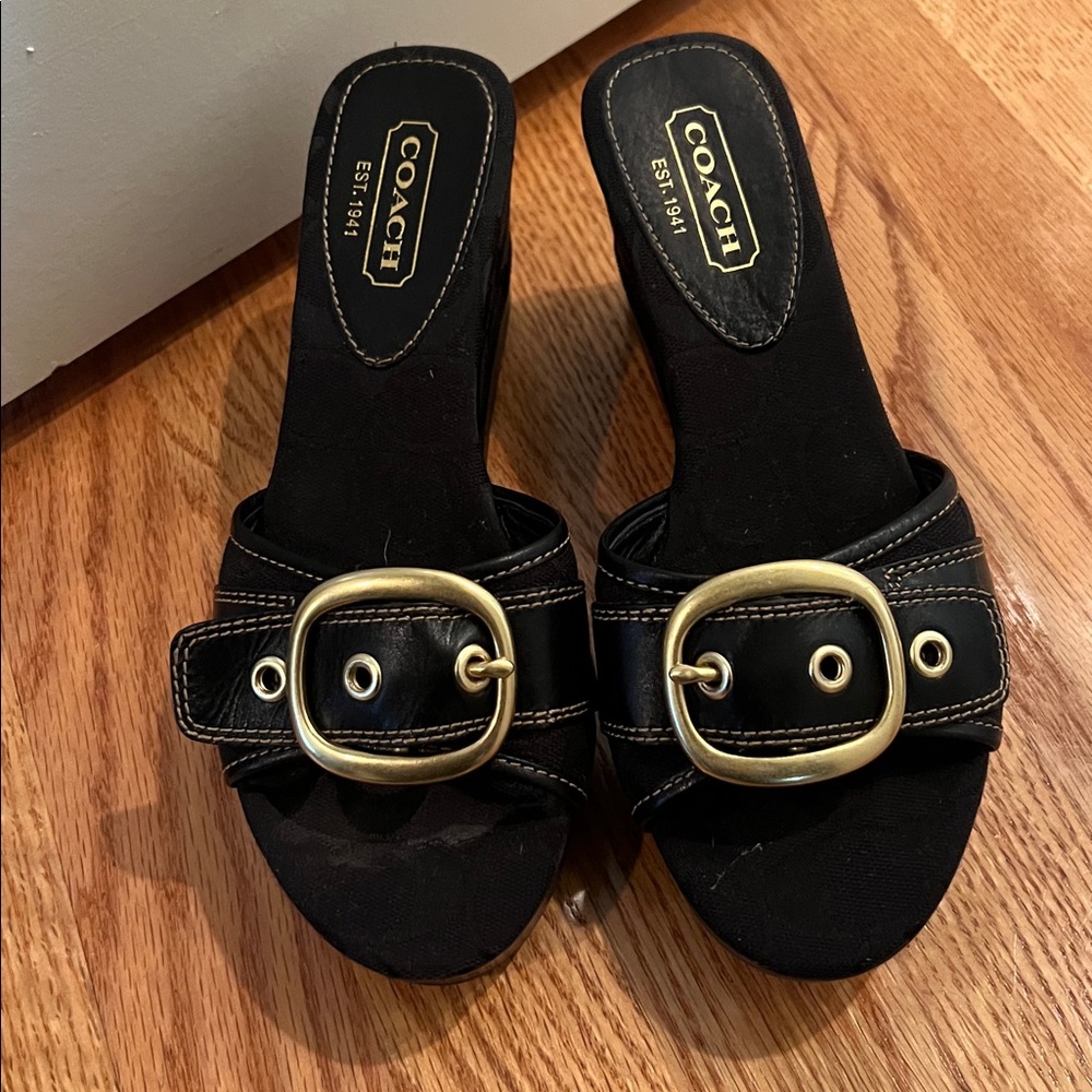 Barely worn once! Coach wedge sandal with gold buckle. 3”heel with 1” platform